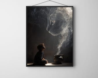 Könnte beinhalten: Gerahmter Kunstdruck, der eine junge Person zeigt, die zu einem großen Katzenkopf aus Rauch aufblickt. Vor der Person steht ein kleiner Topf, aus dem Rauch aufsteigt. Das Kunstwerk ist vor einem dunklen Hintergrund angeordnet.
