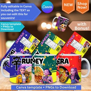 May include: White ceramic mugs with colorful designs and the text "RUMEY SUPERSTAR URGER", "SRA SPICE QUEEN", and "SA BO". The mugs are accompanied by matching graphic designs. The image also includes text that says "Fully editable in Canva" and "Canva template + PNGs to Download".