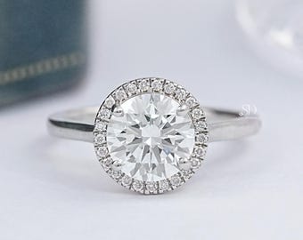 Round Cut Lab Grown Diamond Solitaire Halo Ring / Flower Basket Setting Diamond Bridal Ring / Prong Set Diamond Ring / Wedding Ring For Her