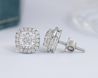 Cushion Cut Lab Diamond Solitaire Stud Earrings / Screw Back Bridal Earrings / CVD Diamond Halo Wedding Studs / Minimalist Earrings For Her