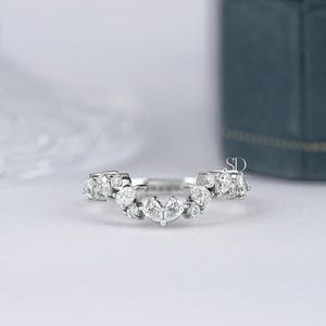 Pear & Round Cut Lab Created Diamond Curved Bridal Ring / 14K Solid Gold Engagement Ring / Conflict Free Diamond Alternate Set Wedding Ring