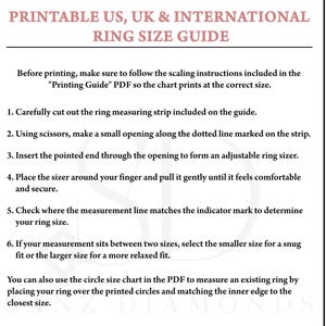 May include: A printable ring size guide featuring instructions for creating an adjustable measuring strip. The document includes a diagram of a paper sizer labeled A and B, with a visible measurement of 3 1/2 inches for the strip length.