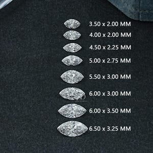 May include: Marquise-cut gemstones of varying sizes, ranging from 3.50 x 2.00 mm to 6.50 x 3.25 mm, are displayed on a dark surface. The gemstones are arranged in a vertical line, showcasing their dimensions.