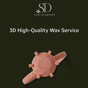 Puede incluir: Modelo de cera 3D color melocotón de un anillo, con una piedra central facetada y una banda detallada. La imagen incluye el texto "3D High-Quality Wax Service" y el logotipo "Sanz Diamonds", sobre un fondo verde oscuro.