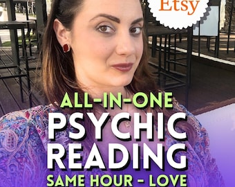 May include: A person with dark hair wearing a patterned top and dark earrings. Text overlay reads: NEW on Etsy, ALL-IN-ONE PSYCHIC READING, SAME HOUR - LOVE, CAREER - LIFE PATH. The image features a person looking forward with a neutral expression.