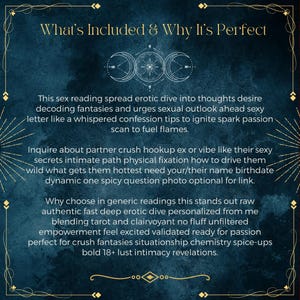 May include: A dark blue textured background with gold decorative borders and a central triple moon symbol. The text reads: What's Included & Why It's Perfect, followed by paragraphs detailing an erotic reading service involving tarot and clairvoyance.