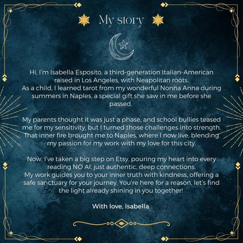 May include: A dark blue textured background with gold decorative borders and the text My story. It features a crescent moon and star icon, followed by a personal narrative from Isabella Esposito about her tarot reading practice.