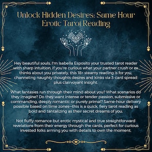 May include: A dark blue textured background with gold decorative borders and the text: Unlock Hidden Desires: Same Hour Erotic Tarot Reading. It features a white line art illustration of two hands holding a geometric heart shape.