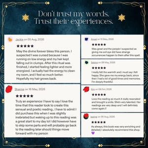 May include: A digital graphic featuring the text Don't trust my words. Trust their experiences. displayed above five customer reviews with five-star ratings from users named Jackie, Angel, Sabina, Sharme, Kim, and Jeanne, set against a dark background.