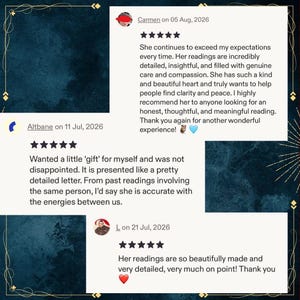 May include: A digital display of three five-star customer reviews on a dark blue textured background. The reviews include text from users Carmen, Altbane, and L, dated July and August 2026, praising detailed readings and accurate insights.