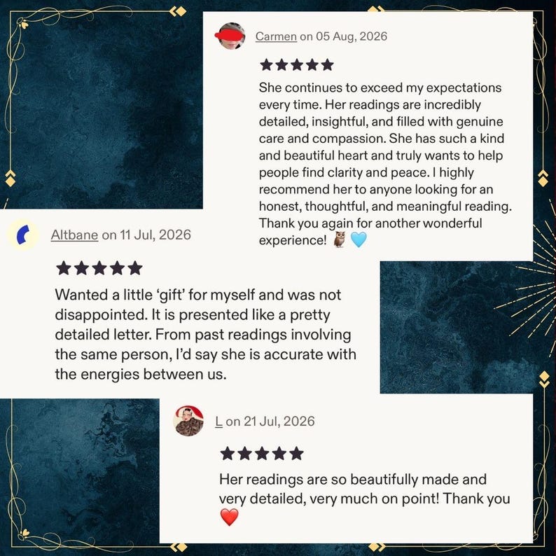 May include: A digital display of three five-star customer reviews on a dark blue textured background. The reviews include text from users Carmen, Altbane, and L, dated July and August 2026, praising detailed readings and accurate insights.