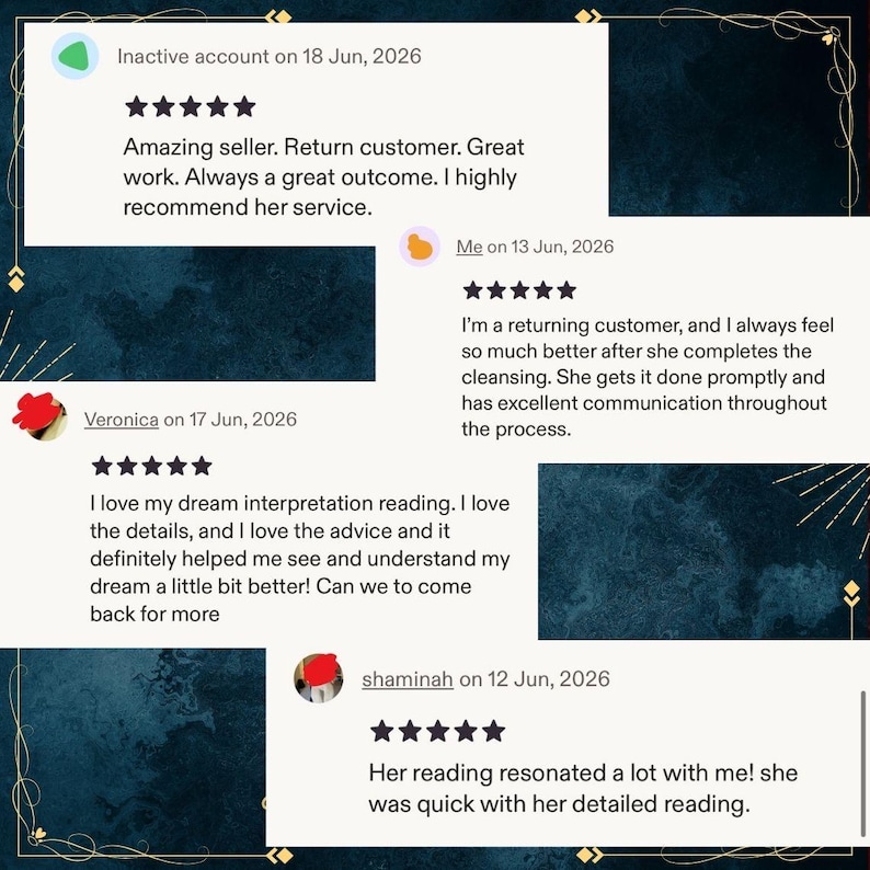 May include: A digital collage of four five-star customer reviews displayed on a dark blue textured background. The reviews include text such as Amazing seller, I'm a returning customer, I love my dream interpretation reading, and Her reading resonated a lot with me.