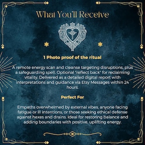 May include: A dark blue digital graphic with gold text reading What You'll Receive, 1 Photo proof of the ritual, and Perfect For. It includes a white line-art heart emblem with a cross and wings, surrounded by decorative gold borders.