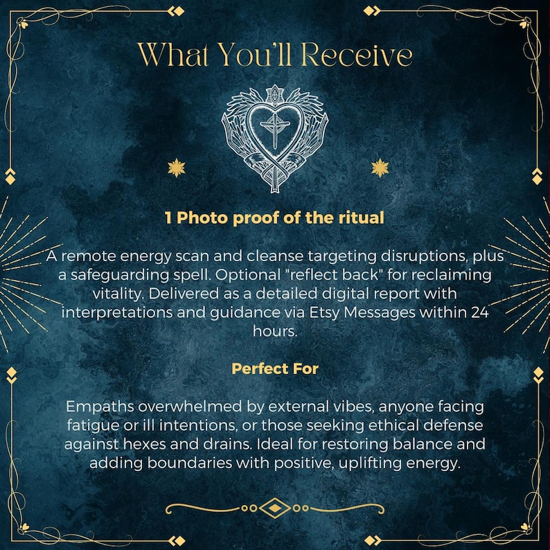 May include: A dark blue digital graphic with gold text reading What You'll Receive, 1 Photo proof of the ritual, and Perfect For. It includes a white line-art heart emblem with a cross and wings, surrounded by decorative gold borders.