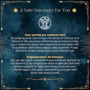 May include: A dark blue textured graphic with gold decorative borders and stars. The text reads: A Safe Sanctuary for You, Your worries are welcome here, and Empowerment, No Pressure, alongside a circular illustration of an angel figure.