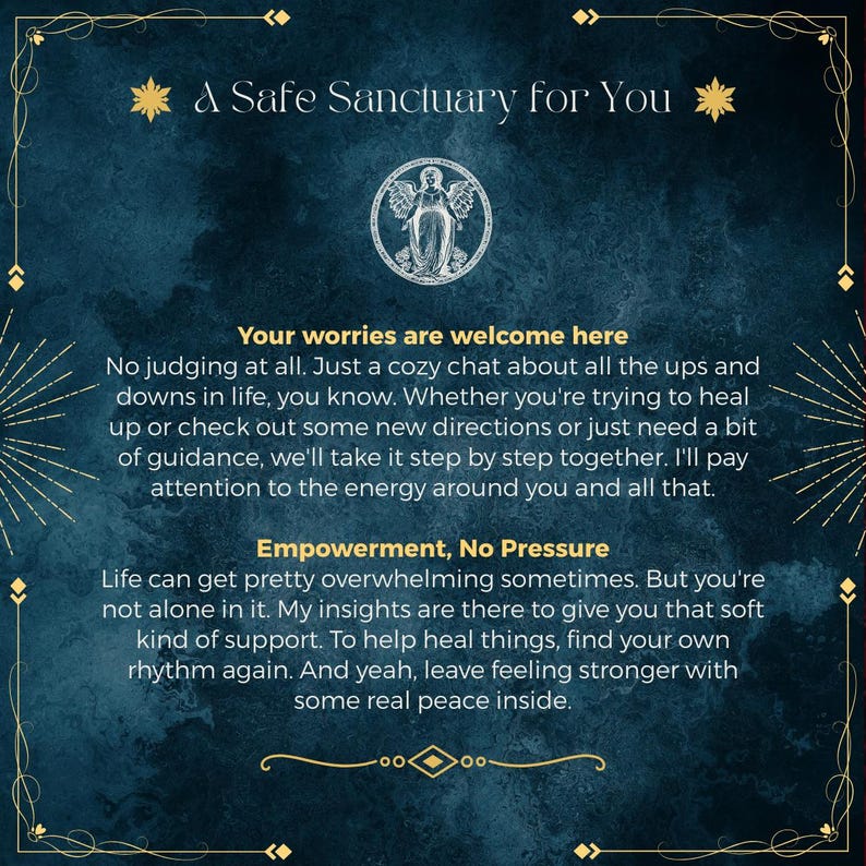 May include: A dark blue textured graphic with gold decorative borders and stars. The text reads: A Safe Sanctuary for You, Your worries are welcome here, and Empowerment, No Pressure, alongside a circular illustration of an angel figure.
