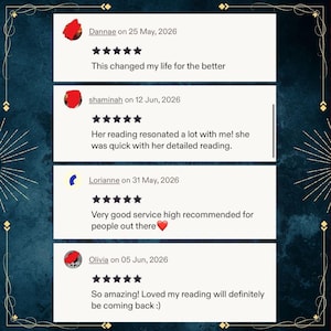 May include: A digital display of four five-star customer reviews. The text includes: 'This changed my life for the better', 'Her reading resonated a lot with me! she was quick with her detailed reading.', 'Very good service high recommended for people out there', and 'So amazing! Loved my reading will definitely be coming back :)'.