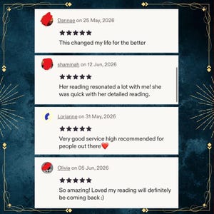 May include: A digital display of four five-star customer reviews. The text includes: 'This changed my life for the better', 'Her reading resonated a lot with me! she was quick with her detailed reading.', 'Very good service high recommended for people out there', and 'So amazing! Loved my reading will definitely be coming back :)'.