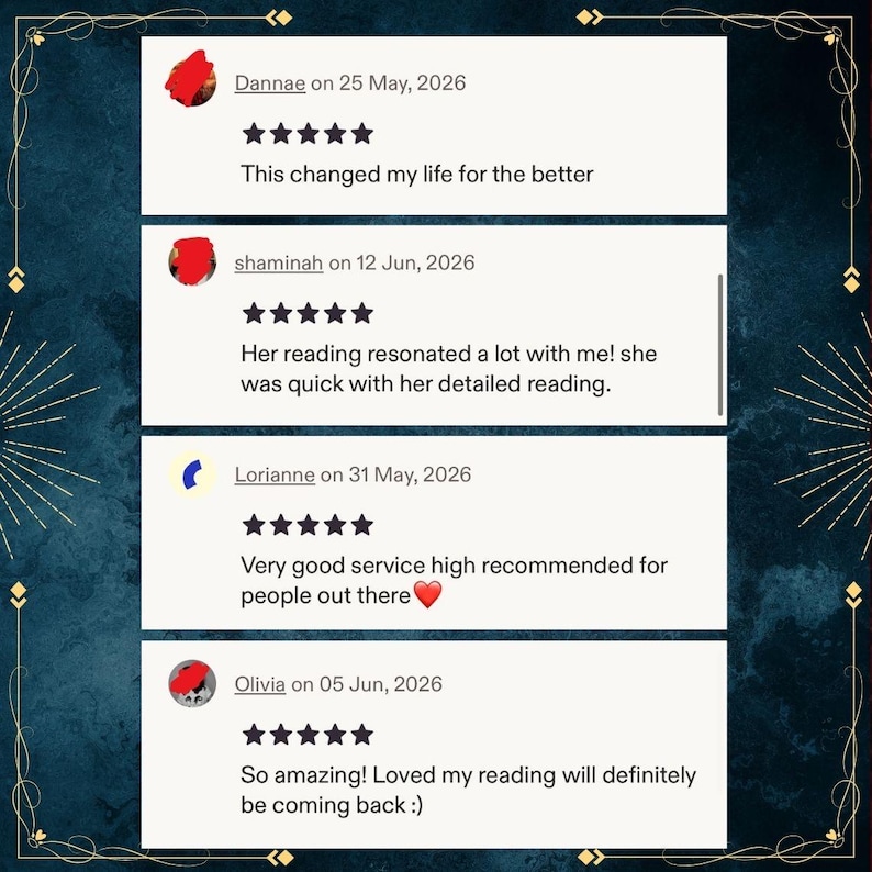 May include: A digital display of four five-star customer reviews. The text includes: 'This changed my life for the better', 'Her reading resonated a lot with me! she was quick with her detailed reading.', 'Very good service high recommended for people out there', and 'So amazing! Loved my reading will definitely be coming back :)'.