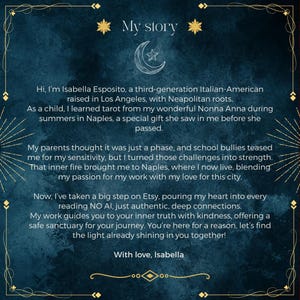 May include: A dark blue textured background with gold decorative borders and stars. The text reads: My story. Hi, I'm Isabella Esposito, a third-generation Italian-American raised in Los Angeles, with Neapolitan roots. With love, Isabella.