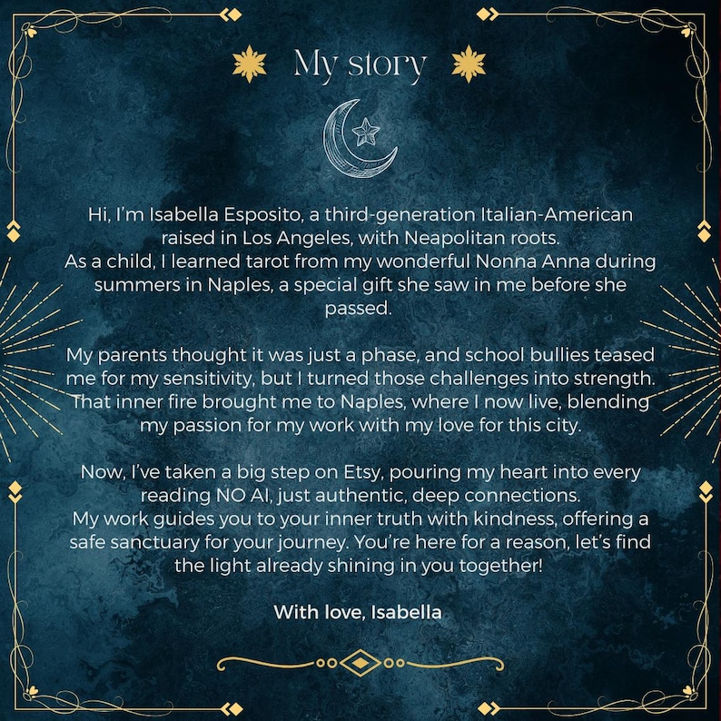 May include: A dark blue textured background with gold decorative borders and stars. The text reads: My story. Hi, I'm Isabella Esposito, a third-generation Italian-American raised in Los Angeles, with Neapolitan roots. With love, Isabella.