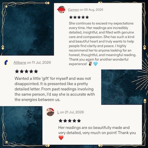 May include: A digital display of three five-star customer reviews on a dark blue textured background. The reviews include text from users Carmen, Altbane, and L, dated July and August 2026, praising detailed readings and accurate insights.
