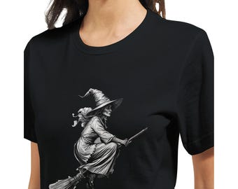 T-shirt heks | Heks op T-shirt met bezemsteel | Gothic Witchy-top | Halloween-shirt | Heidens cadeau voor Wicca