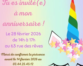 Unicorn and rainbow birthday invitation for a girl. Customizable printable card.