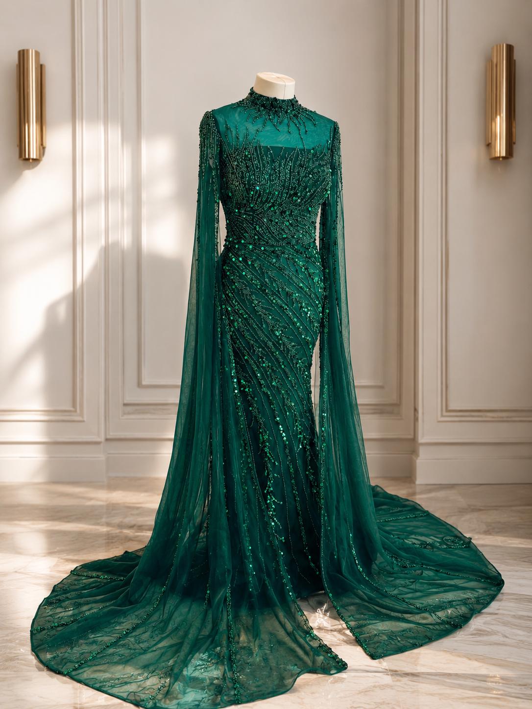 emerald green mermaid dress with sleeves Emerald Green Long Sleeve Mermaid Prom Dress