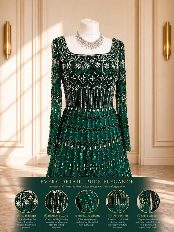 Emerald Green Beaded Evening Gown | Luxury Modest Formal Dress | Handmade Crystal Prom Dress | Long Sleeve Gala Gown | Nikkah Dress | Henna