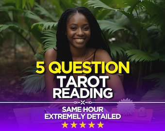 May include: Image featuring a smiling person with long, dark hair in front of lush greenery. Bold yellow text reads "5 QUESTION TAROT READING." Below, white text states "SAME HOUR EXTREMELY DETAILED" with five gold stars.