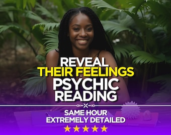 May include: Image features a smiling person with long, dark hair, set against a backdrop of lush green foliage. Text overlay reads "Reveal Their Feelings Psychic Reading" with additional text below. The image has a purple and yellow color scheme.