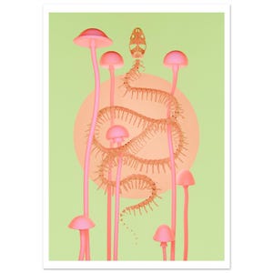 May include: A vertical art print featuring a light green background with a large peach-coloured circle in the centre. A tan snake skeleton is coiled in front of the circle, surrounded by several tall, thin, bright pink mushrooms with round caps.