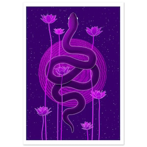 May include: A digital art print featuring a dark purple snake coiled in an S-shape against a vibrant magenta circular background. Several bright pink lotus flowers on long, thin stems surround the snake, set against a deep purple starry sky.