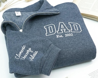 Embroidered Birthday Sweatshirt For Dad, Custom Embroidered Papa Quarter Zip Sweatshirt With Kids Name, Father's Day Gift From Daughter