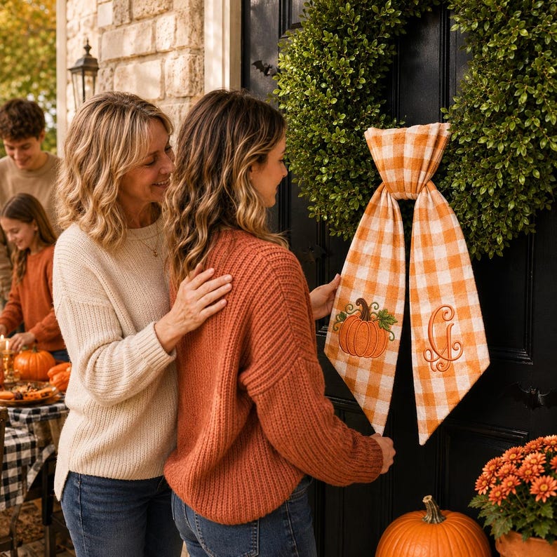 A pumpkin spice orange and white gingham wreath sash features two embroidered designs near the lower ends of the ribbon tails.
One side displays an orange pumpkin with a brown stem, green leaf, and curling vine details.
The opposite side features an elegant monogram letter “G” embroidered in matching orange thread.
Orange, brown, and green threads create a coordinated fall-themed stitched finish.