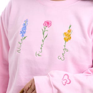 May include: A light pink sweatshirt embroidered with three flowers: a blue delphinium, a pink rose, and a yellow gladiolus. The names "Niles", "Fiona", and "Enzo" are embroidered in green cursive. A pink heart is embroidered on the sleeve.