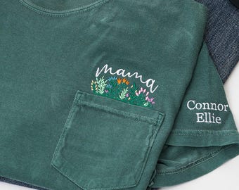 Custom Embroidered Mama Pocket Tee With Kids Names, Comfort Colors® Floral Mama Applique Shirt, Mother's Day Gift For Mom Of Two