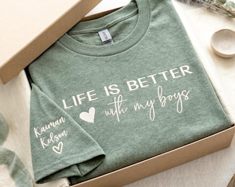 Embroidered Life Is Better With My Boys Shirt, Custom Boy Mama Shirt With Kids Names, Mothers Day Shirts For Mom, Mom Of 2 Boys Gift