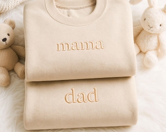 Embroidered Mom And Dad Sweatshirt, Custom Parent Gift, Pregnancy Announcement Sweater