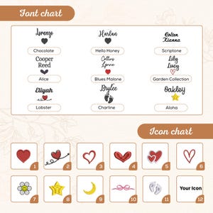 Puede incluir: Un gr&aacute;fico de fuentes y un gr&aacute;fico de iconos se muestran sobre un fondo beige. El gr&aacute;fico de fuentes muestra varios estilos de fuente con nombres de muestra. El gr&aacute;fico de iconos presenta opciones de dise&ntilde;o de coraz&oacute;n, flor, estrella, luna y otras.