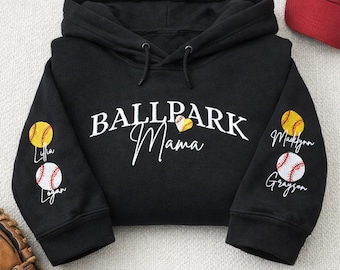 Embroidered Ballpark Mama Hoodie with Kids Names on Sleeve, Personalized Baseball Softball Mom Game Day Gift