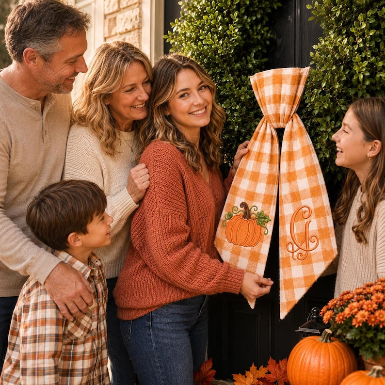 Personalized Pumpkin Wreath Sash - Embroidered Fall Monogram Gingham Door Bow - Thanksgiving Front Door Decor, Housewarming Gift image 12