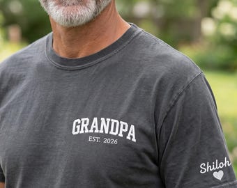 Custom Embroidered First Time Grandpa Shirt With Grandkid Name - Comfort Colors® Surprise Grandpa Pregnancy Announcement - Dad Gifts