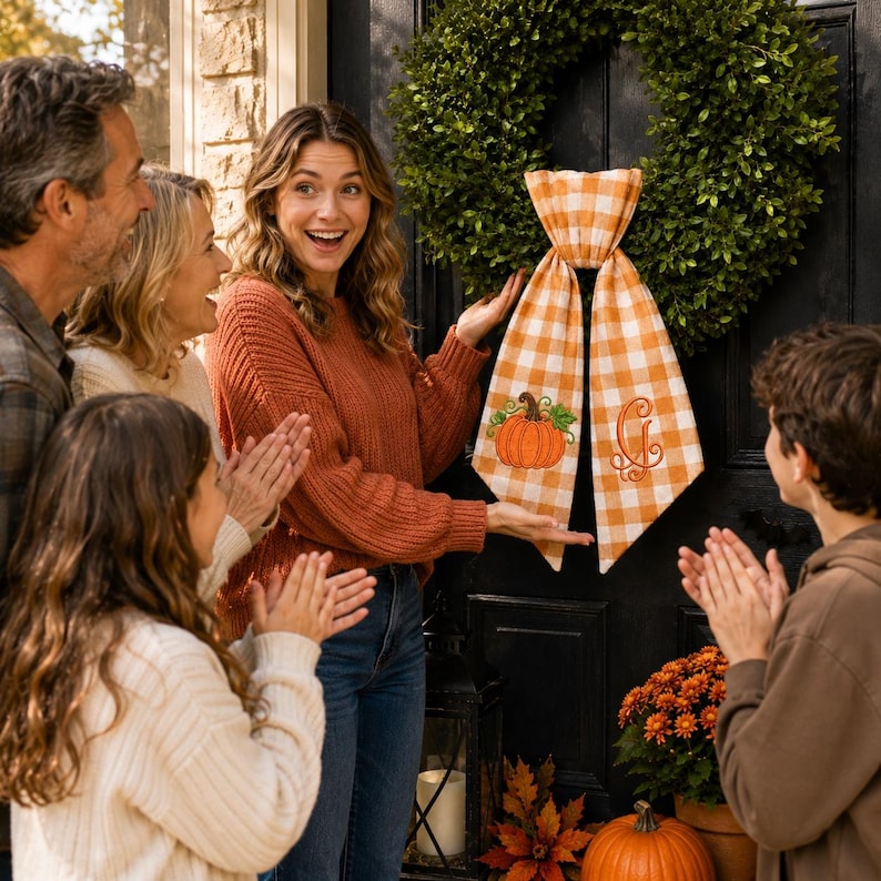A pumpkin spice orange and white gingham wreath sash features two embroidered designs near the lower ends of the ribbon tails.
One side displays an orange pumpkin with a brown stem, green leaf, and curling vine details.
The opposite side features an elegant monogram letter “G” embroidered in matching orange thread.
Orange, brown, and green threads create a coordinated fall-themed stitched finish.