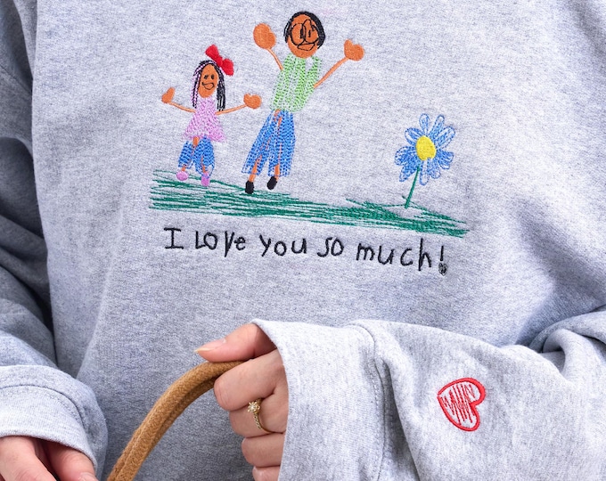 Custom Kids Photo Drawing Sweatshirt - Photo Embroidered Sweatshirt - Kids Art Sweatshirt - Drawing on Sweatshirt, Unique Gift for Mom, Dad