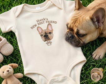 New Best Friend Baby Onesie with Dog Portrait from Photo, Custom Embroidered Pet Baby Bodysuit, Dog Mom Baby Gift, Baby Announcement Outfit