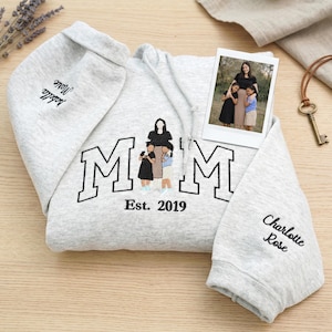 Mom Hoodie Family Picture, Custom Embroidered Hoodie With Mama Portrait, Grandma Portrait, Personalized Mother With 2 Daughters Gift