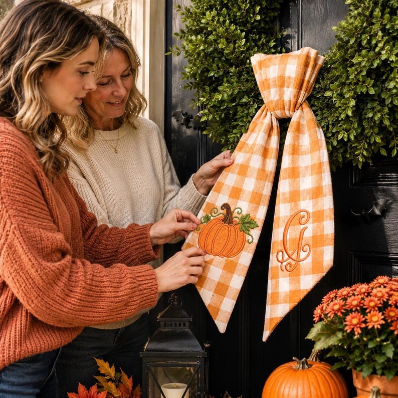 A pumpkin spice orange and white gingham wreath sash features two embroidered designs near the lower ends of the ribbon tails.
One side displays an orange pumpkin with a brown stem, green leaf, and curling vine details.
The opposite side features an elegant monogram letter “G” embroidered in matching orange thread.
Orange, brown, and green threads create a coordinated fall-themed stitched finish.