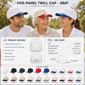May include: Five-panel twill cap 8869 featuring a structured mid-profile, pre-curved visor, sewn eyelets, and a snapback closure. Made of 65/35 polyester/cotton twill with a tear-away label. Includes a size chart with a 3-inch brim length.